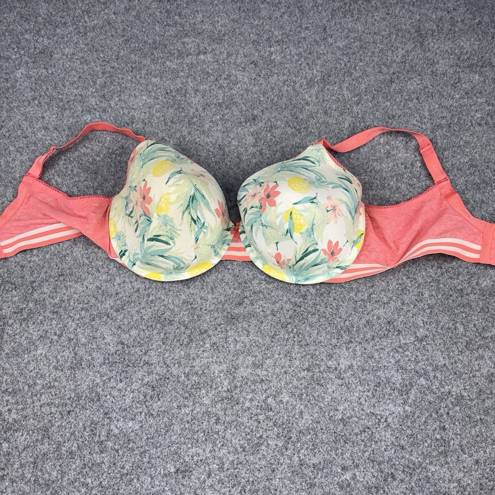 Cacique Bra Womens 44DDD Coral Floral Tropical Pineapple Padded Underwire Lace